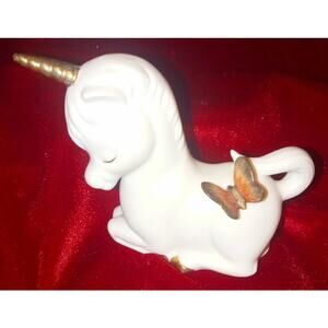 Vintage 1982 Enesco Porcelain Unicorn Foal Figurine Laying Down Butterfly